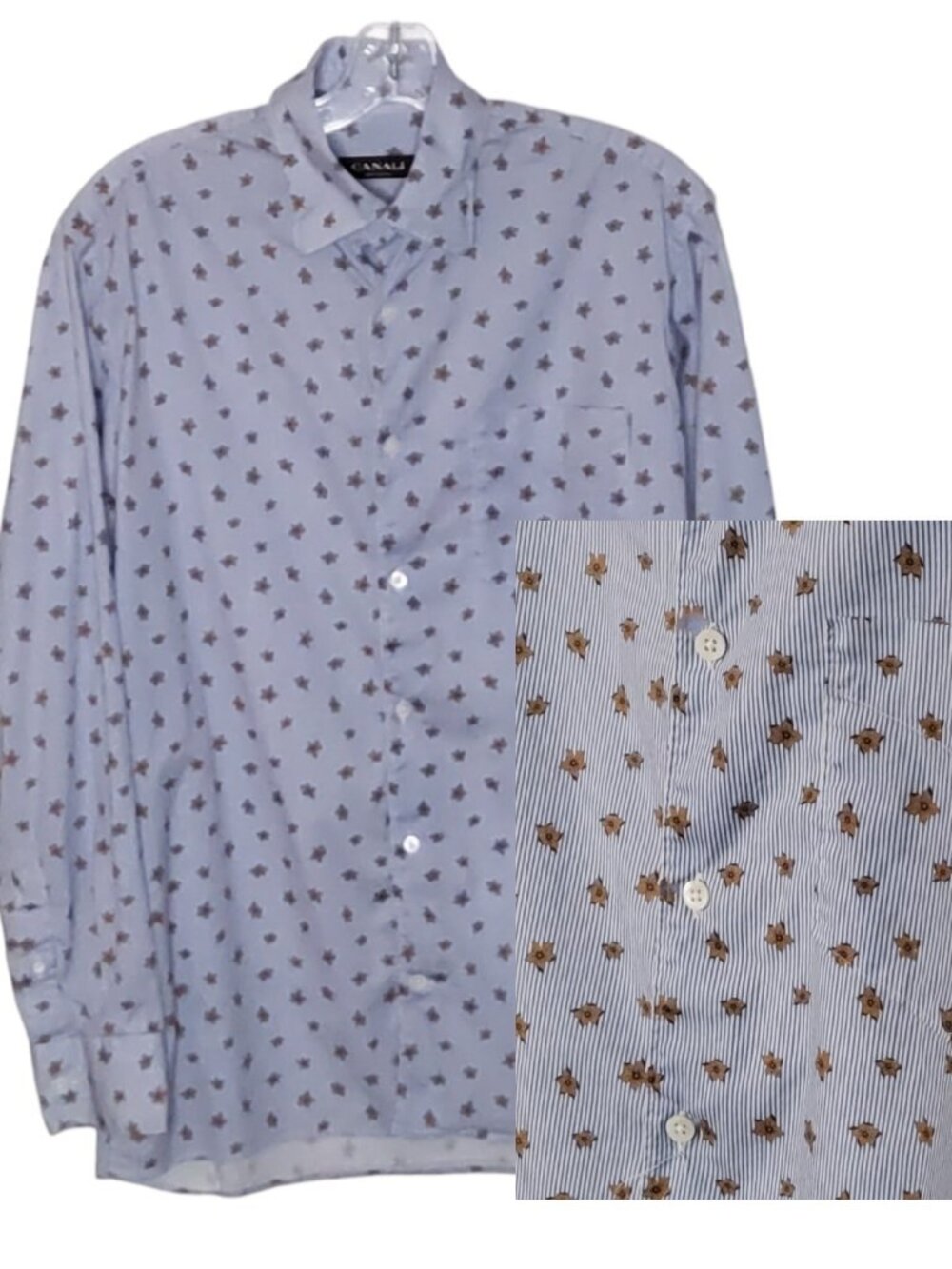 Canali Stretch Cotton Casual Button Down Shirt Blue Pinstripe w Floral Print M